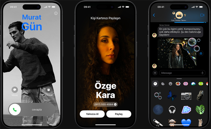Kişi Posteri, NameDrop ve Canlı Çıkartmalar ile birlikte iOS 17 özelliklerini gösteren ekranlar