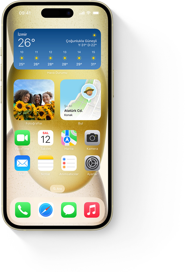 iPhone 15 Super Retina XDR ekrandaki Hava Durumu uygulamasında güneşli bir gün gösteriliyor