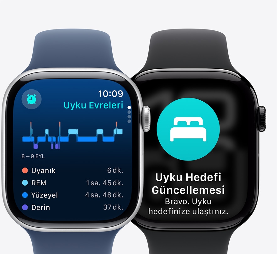 Uyku Evreleri ekranını ve Olası Uyku Apnesi bildirimini gösteren iki Apple Watch Series 10’un önden görünümü.