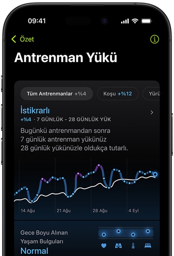 Son değerlendirilen antrenmandan Antrenman Yükü ölçümlerini gösteren bir iPhone ekranı. 