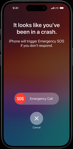 Екран функції «Виявлення аварій», де сказано, що ви, ймовірно, потрапили в аварію. Якщо ви не відреагуєте на це повідомлення, iPhone активує функцію «Сигнал SOS»