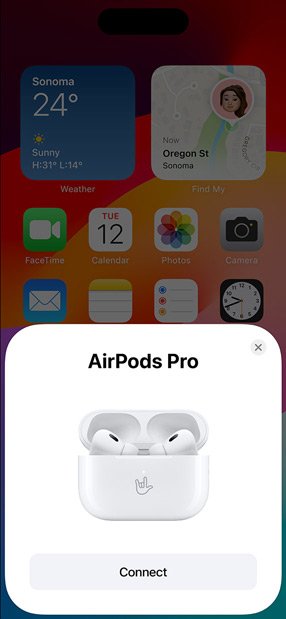 MagSafe Charging Case holding AirPods Pro next to iPhone. Small tile on iPhone home screen displays pop-up with connect button that easily pairs AirPods when tapped.