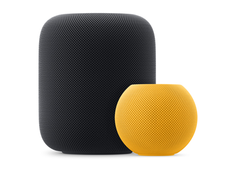 Un HomePod color mezzanotte e un HomePod mini giallo affiancati