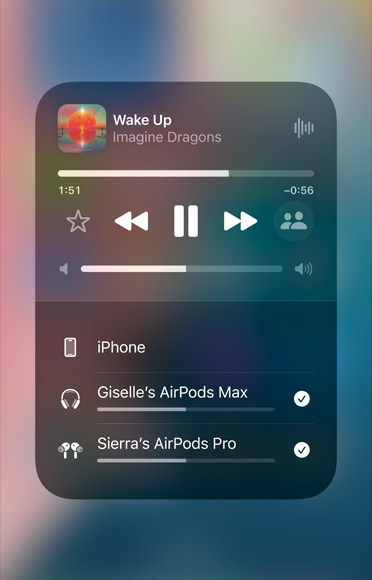 AirPlay screen on iPhone showing how to easily share an audio stream between two sets of AirPods.