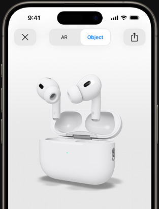 iPhone 螢幕顯示 AirPods Pro 的擴增實境算圖。