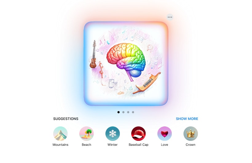 Image Playground의 UI가 표시되어 있는 모습. 다채로운 색깔로 그린 두뇌를 중심으로 그 주변에 클래식 악기와 음표들이 그려져 있고 이미지에 추가할 만한 여러 요소들이 제안 항목으로 표시되어 있습니다