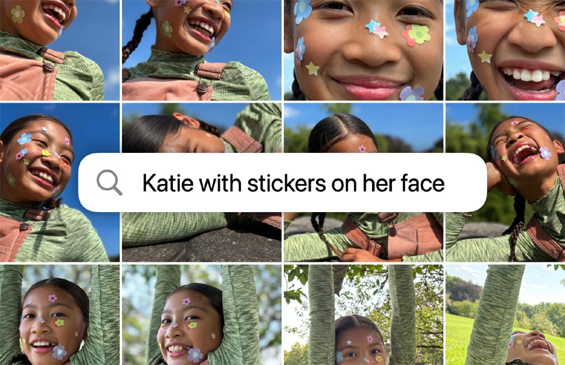  Katie with stickers on her face라는 검색 프롬프트로 찾은 사진들이 격자로 표시되어 있는 모습