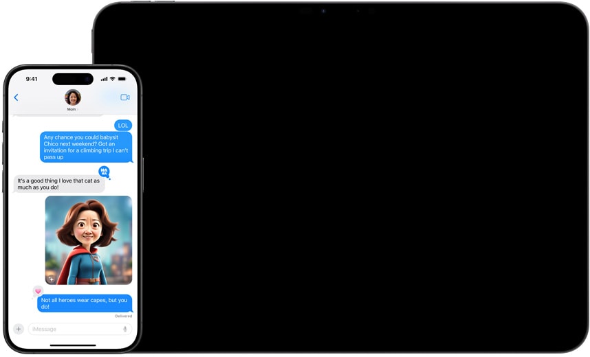 메시지 앱에 사용자가 생성한 이미지가 표시되어 있고, iPad의 메모 앱에 이미지 마술봉 기능이 표시되어 있는 모습.