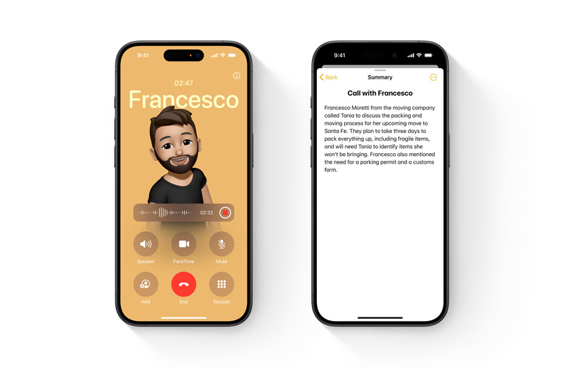 전화 앱에 통화 중 녹음을 할 수 있는 새로운 기능이 표시되어 있는 모습. 두 번째 iPhone에는 실시간 오디오 전사문을 바탕으로 한 통화 내용 요약본이 표시되어 있습니다.