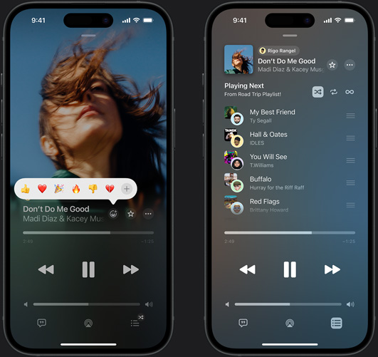 Vasemmalla olevassa iPhonessa näkyy Madi Diazin ja Kacey Musgravesin Don't Do Me Good -kappale ja emojireaktiokehote, jossa on vaihtoehtoina yläpeukku, sydän, juhlinta, alapeukku tai muu reaktio. Oikealla olevassa iPhonessa näkyy yhteistyönä koottu Road Trip Playlist -niminen soittolista, jossa on useita muiden käyttäjien lisäämiä kappaleita.