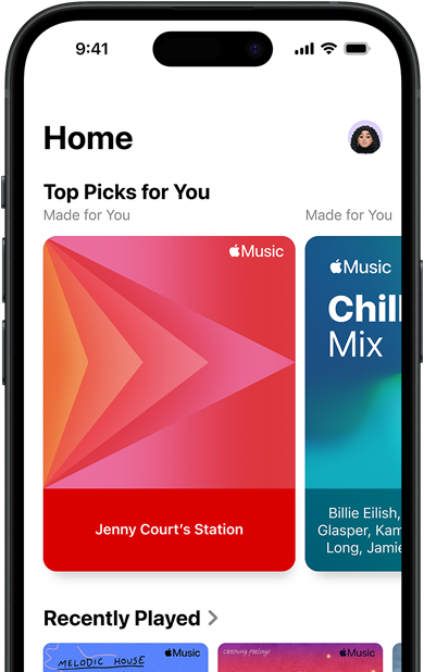 Applen Musiikki-apin Koti-välilehti iPhonessa, sinulle valittujen parhaiden palojen valikoimassa Jenny Courtin personoidut asemat ja soittolistat