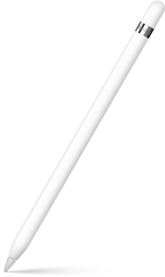Apple Pencil (första generationen), upprätt, lätt vinklad med spetsen pekande nedåt. Vid toppen finns en silverfärgad ring med produktnamnet på. Pennan kastar en skugga på underlaget.