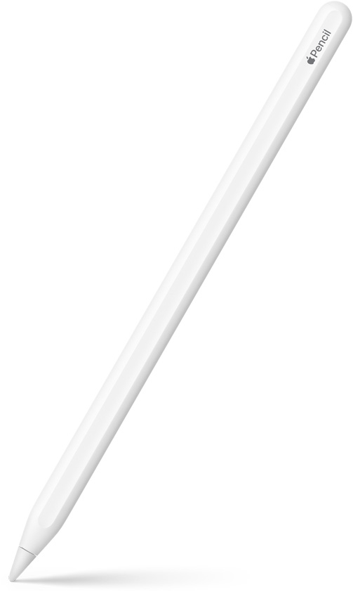 Vue d’un Apple Pencil 2ᵉ génération, en position verticale légèrement inclinée, la pointe orientée vers le bas. Le haut de l’Apple Pencil 2ᵉ génération est arrondi et affiche un logo Apple suivi du nom du produit. Un effet d’ombre apparaît à la base.