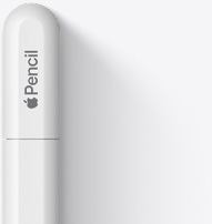 Vue du haut d’un Apple Pencil USB‑C, montrant le sommet arrondi, le logo Apple et le mot Pencil. Une ligne montre l’endroit où le capuchon s’ouvre par glissement pour permettre la connexion à un câble USB‑C.