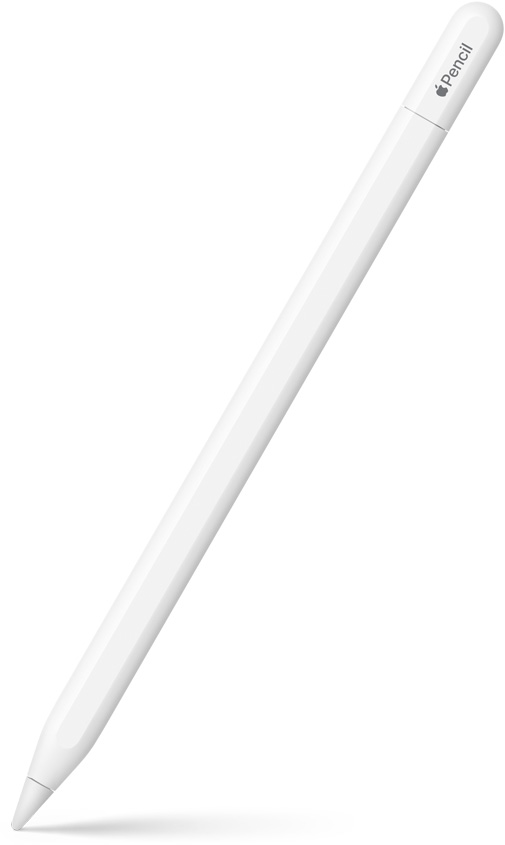 Apple Pencil USB-C, upright at an angle with the tip pointing down. The top is curved and shows the where the top slides open to connect to a USB-C cable. An Apple logo and the name of the product is shown at the top. A shadow effect is shown at the bottom.