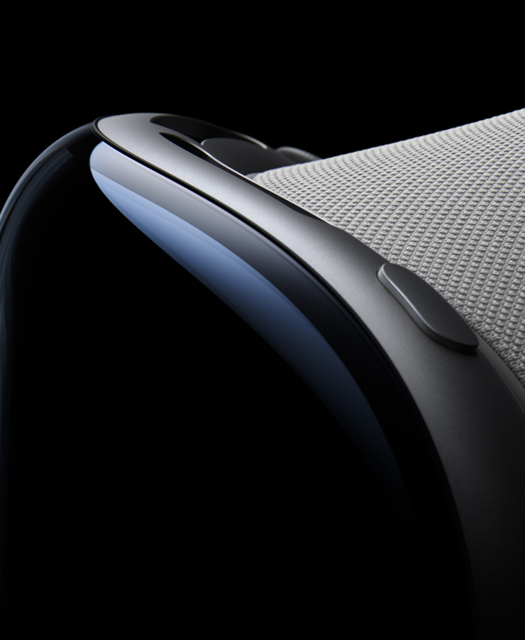 Apple Vision Pro close-up showing the front, top button and Light Seal