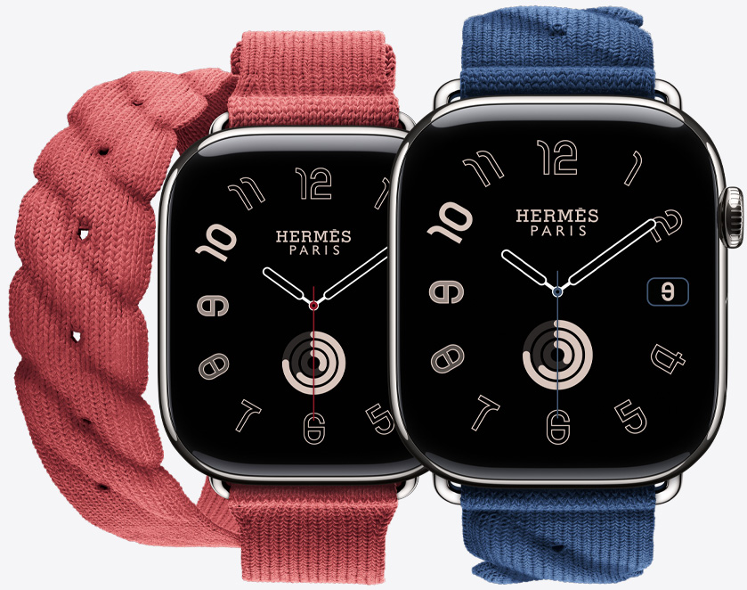 Front view of the continuous knit Torsade Single Tour and Double Tour straps in Rouge Grenat (red) and Navy (blue) with the Hermès Radial watch face.