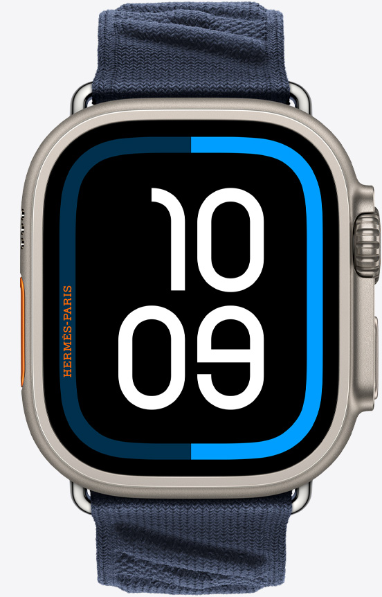 Front view of the new Apple Watch Hermès Ultra 2 showing the new Maritime watch face and En Mer strap in Bleu Nuit (blue).