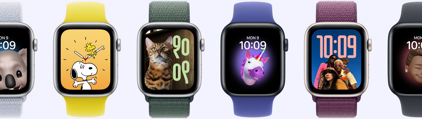 Sześć urządzeń Apple Watch, na których widać różne opcje tarcz, w tym Memoji, Zdjęcia, Portret i Snoopy