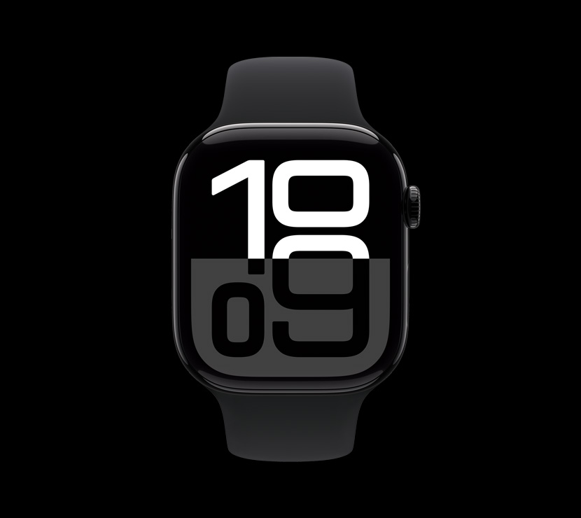 Vista frontal de un Apple Watch Series 10 con acabado de aluminio en negro azabache.