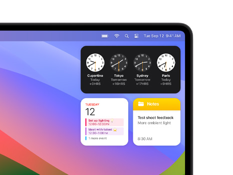 Various widgets on a Mac desktop, including Clock, Calendar, Notes and Weather.