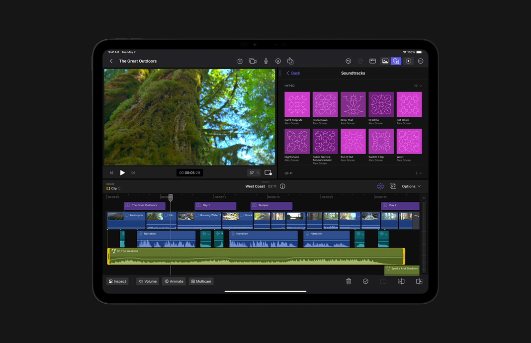 Nahaufnahme der Audio-Timeline in Final Cut Pro für iPad auf dem iPad Pro.