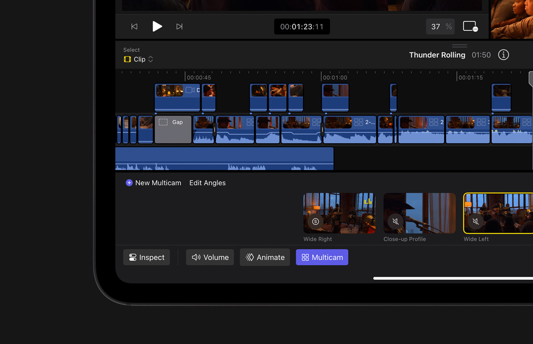 Wechseln zwischen Winkeln in der Magnetic Timeline in Final Cut Pro für iPad auf dem iPad Pro.