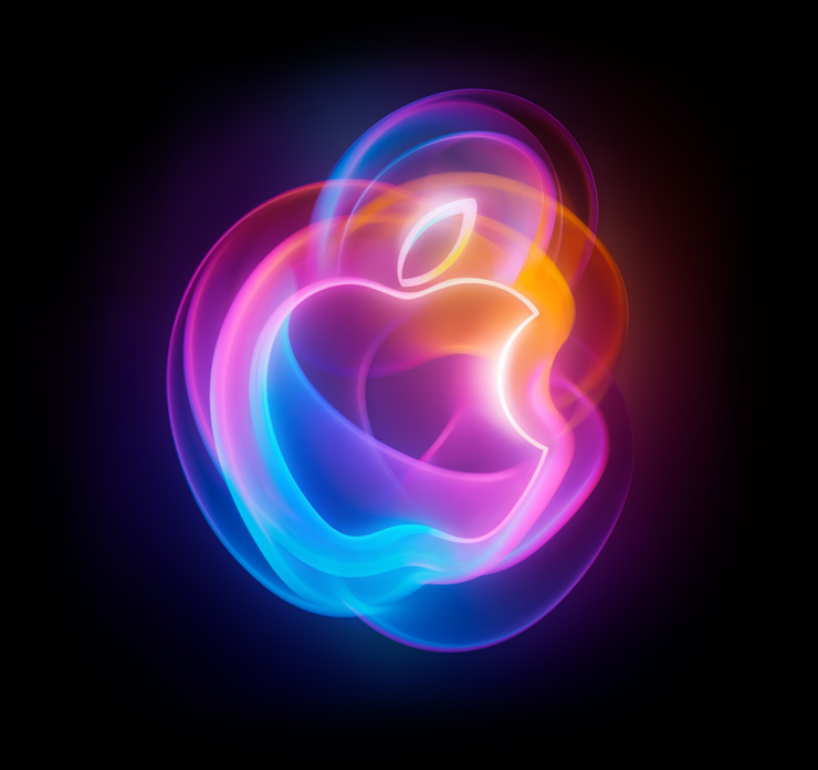 The Apple logo, defined by an outline of solid white light and filled with vibrant shades of pink, blue and orange, multiplied and overlapped by glowing pink, blue and orange light beams.