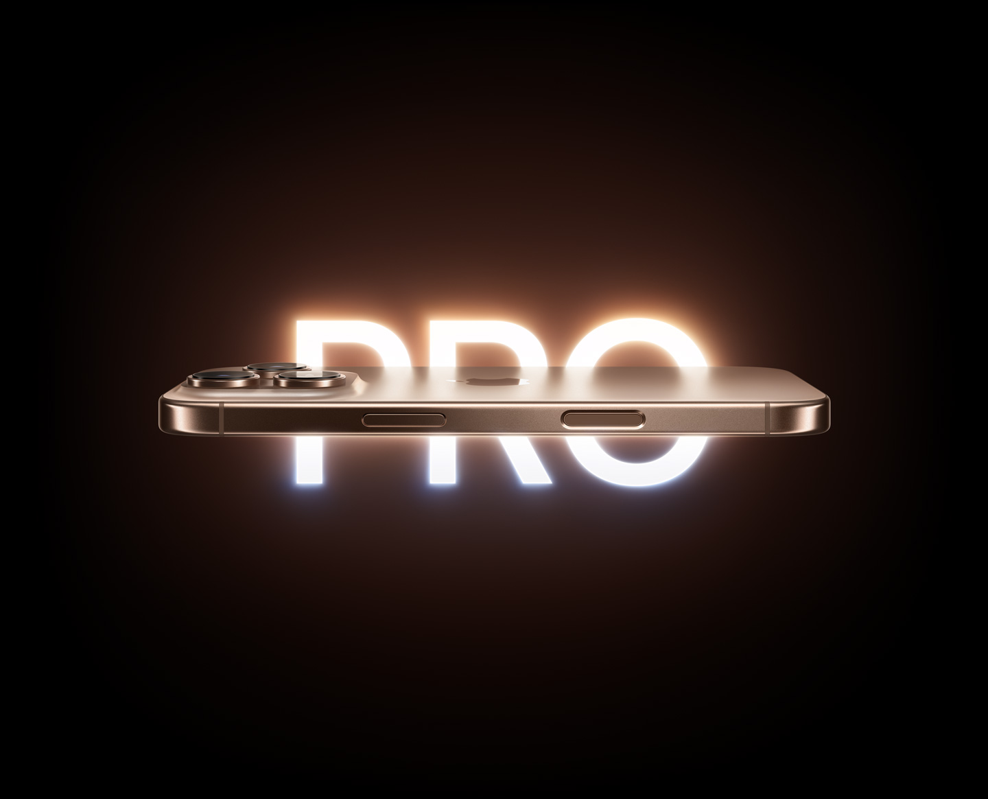 A side view of a vertical iPhone 16 Pro in Desert Titanium intersects a glowing white vertical representation of the word Pro in all capital letters.