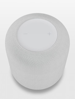 AR görünümünde, bir iPhone’un ekranında Beyaz renkte HomePod.