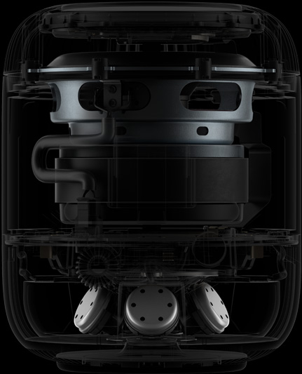 HomePod 的側面圖展示內部主要元件