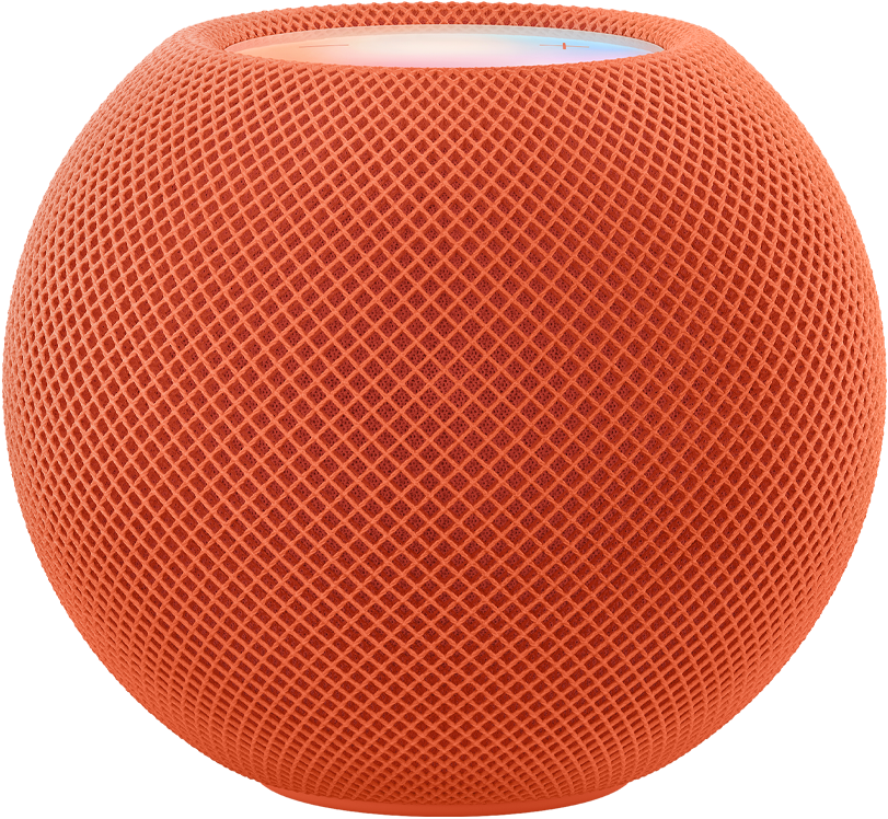 Oranje HomePod mini met bewegende kleurenpixels erboven die samen het woord ‘mini’ vormen.