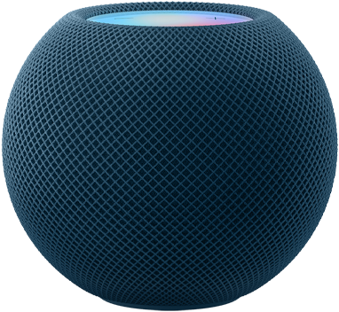 HomePod mini bleu placé sous des pixels colorés en mouvement formant le mot « mini ».