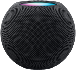 Midnight HomePod mini with colourful pixels in motion above it spelling the word “mini.”