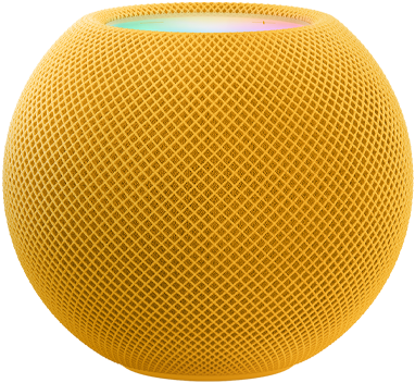 黃色 HomePod mini 及上方有一個串出「mini」一字的彩色像素動畫。