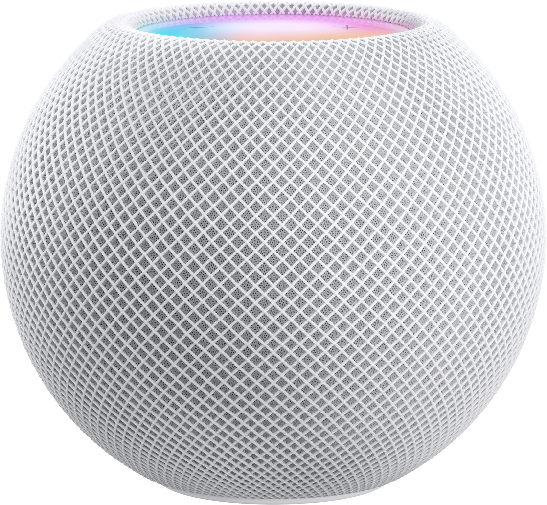 白色 HomePod mini 配備彩色的頂部，從邊緣以外可以看到一些頂部。