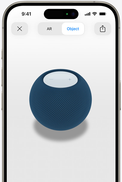 HomePod bleu en réalité augmentée sur l’écran d’un iPhone.