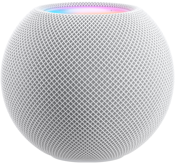 Vue d’un HomePod mini blanc dont la surface colorée est à peine visible au-delà de la bordure.