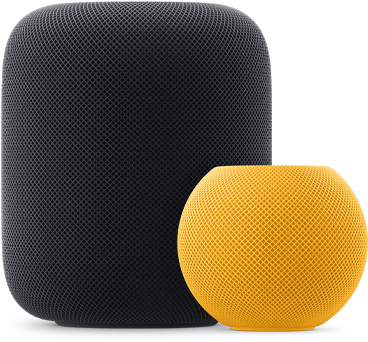 HomePod mini i gul foran og til høyre for en HomePod i midnatt.