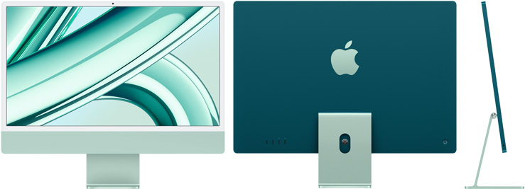 Vista frontal, trasera y lateral del iMac verde