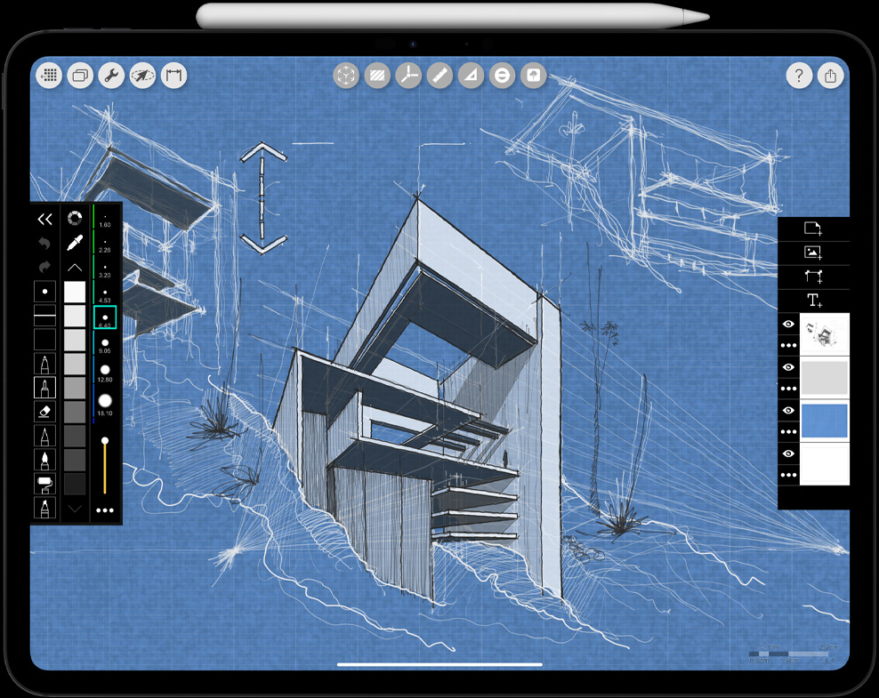 iPad Pro, colocado na horizontal, com Apple Pencil Pro encaixado na parte superior e ecrã a mostrar um desenho arquitetónico