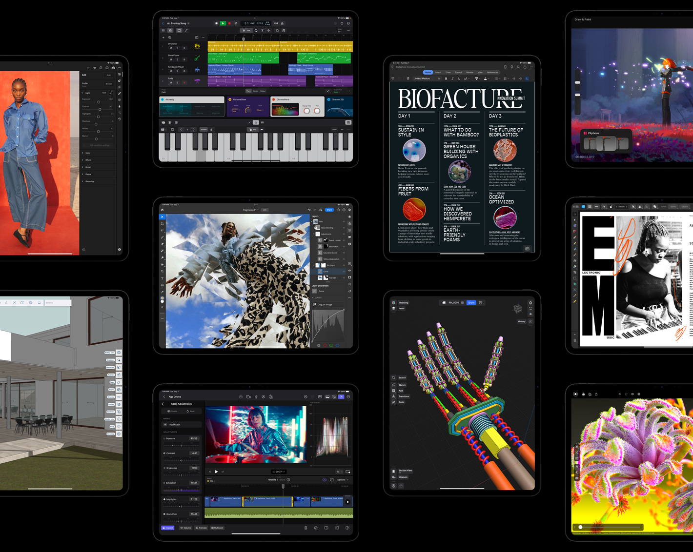 十部 iPad Pro 螢幕，分別展示不同 app，例如 Adobe Lightroom for iPad、Trimble SketchUp、iPad 版 Logic Pro、Adobe Photoshop、iPad 版 Final Cut Pro、Microsoft Word、Shapr3D、Procreate Dreams、Affinity Designer 2 for iPad、Octane X。