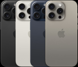 Tył iPhone’a 15 Pro w czterech kolorach