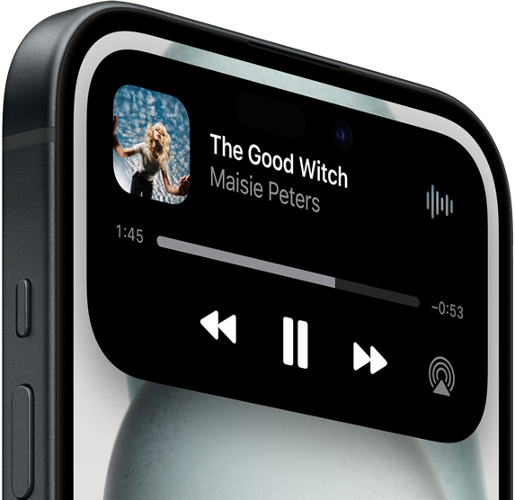 iPhone 15 showing Dynamic Island expanded view playing music.