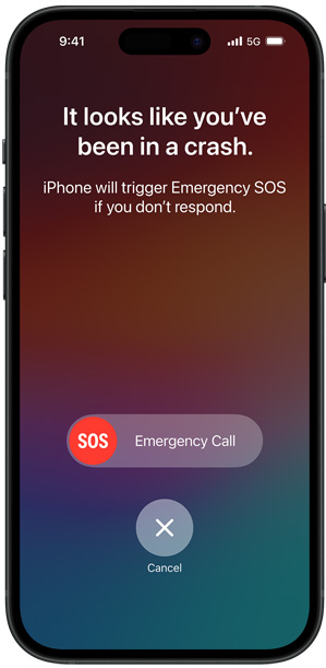 The Crash Detection screen saying "It looks like you’ve been in a crash. iPhone will trigger Emergency SOS if you don’t respond."