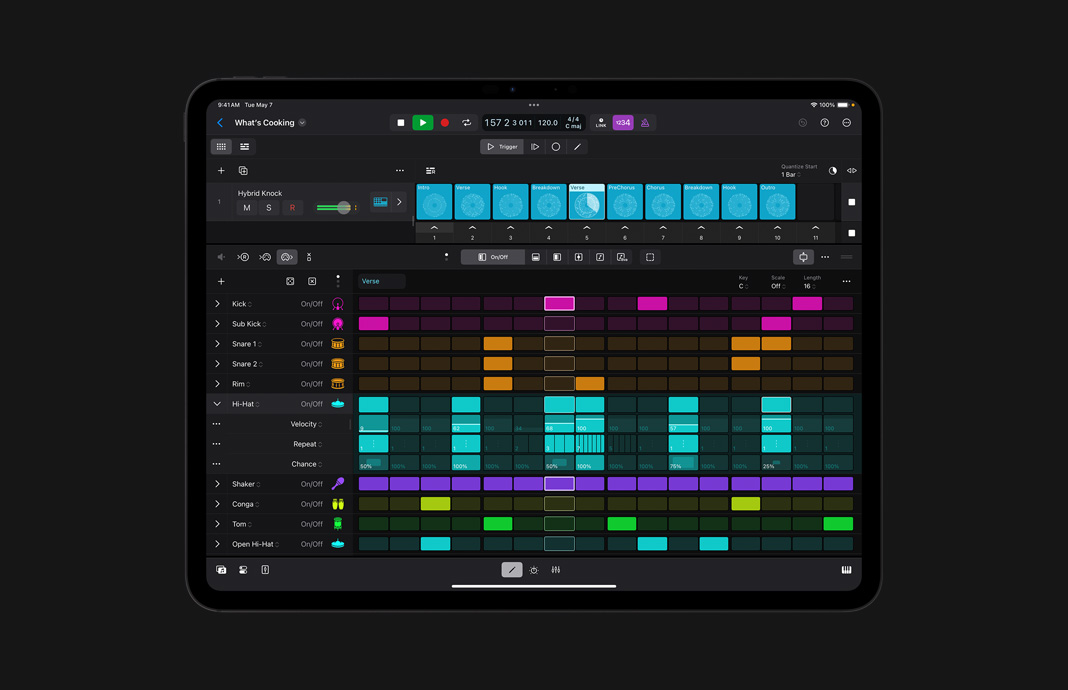 iPadのためのLogic Proのステップシーケンサーのユーザーインターフェイス。