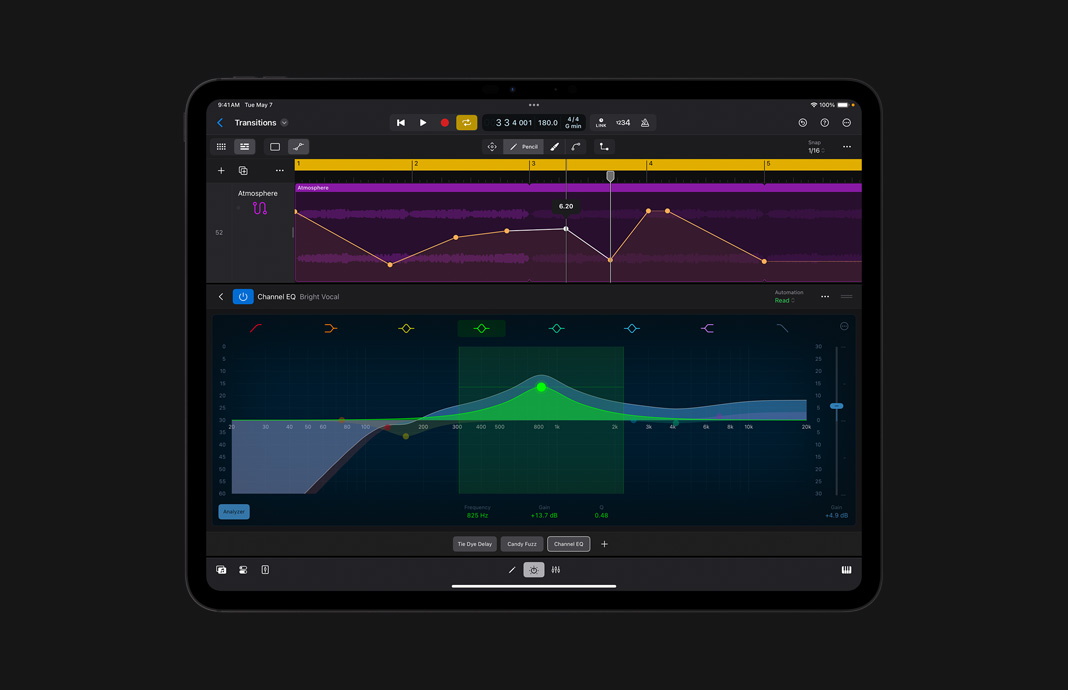 iPad Pro 展示 iPad 版 Logic Pro 中的混音器 channel strip 特寫。