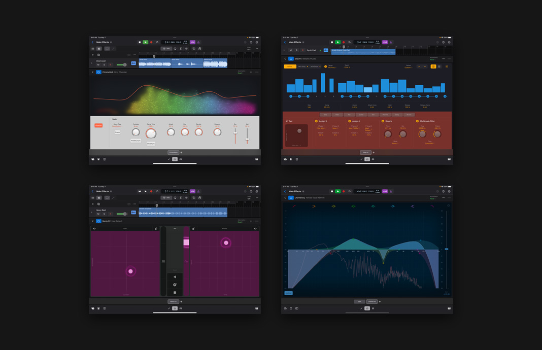 Recopilación de plug-ins de efectos de sonido, mostrados en paralelo.