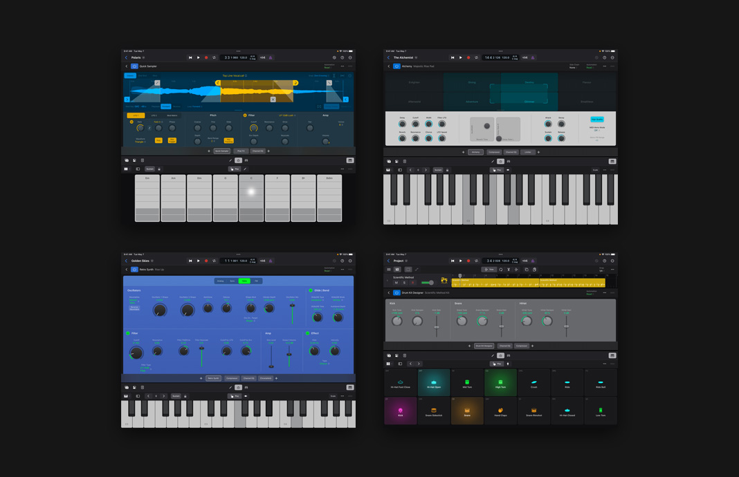 Mutliple instrument sound effects being fine tuned in Logic Pro for iPad on iPad Pro.