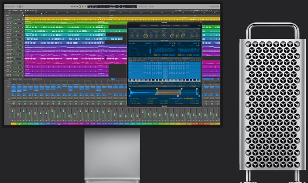 Un vaste projet multipiste Logic Pro affiché sur un moniteur, à côté d’un Mac Pro.